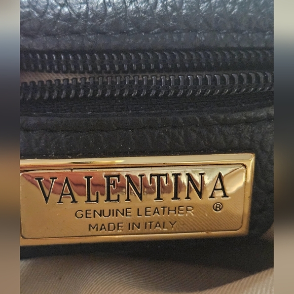 VALENTINA Leather Sling Triple Compartment Bookbag In Black With Tan Trim. - Picture 14 of 16